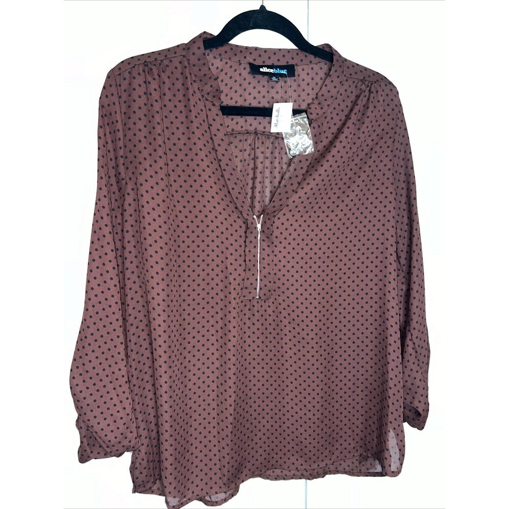 AliceBlue Womens Blouse XL 3/4 Zip Roll tab Sleeve maroon polka dot office casua